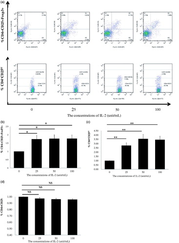 Figure 2. Regulatory T cells (Tregs) of healthy individuals and CKD patients were expanded using PBMCs by rhIL-2 for 4 days. (a) A typical example dot plot of the gating strategy CD4+CD25+Foxp3+ and CD4+CD25hi for Tregs for doses of IL-2 at 25, 50, and 100 IU/ml. (b) The frequencies of expanded CD4+CD25+Foxp3 Tregs within CD4+ T cells are depicted in a graph (n = 7). (c) The frequencies of CD4+CD25hi Tregs within CD4+ T cells are depicted in a graph (n = 11). (d) The frequencies of CD4+CD25− conventional effector CD4+ T cells are depicted in a graph (n = 18). p Values are depicted in the graph. *p < .05, **p < .01 for comparisons between the CKD patients group and healthy controls using one-way ANOVA.