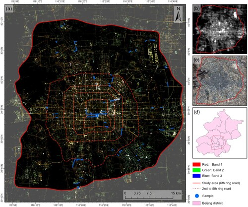 Figure 1. Map of the study area: (a) GI images from SDGSAT-1 satellite, (b) NPP-VIIRS images, (c) Landsat8 OLI images, and (d) Beijing administrative district.