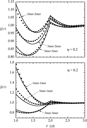 Figure 3. Average intermolecular site–site distribution functions () for tangent hard-sphere chain mixtures as calculated from CIE theory (lines) and MC simulation (symbols). Results in the upper panel are for a mixture of 3mers and 2mers at a density of η  = 0.2 and a composition of x 2mer  = x 3mer  = 0.5. Shown, respectively from top to bottom, are the distributions, , , and . In the lower panel, results are given for a mixture of 3mers and 1mers at a density of  η = 0.2 and a composition of x 1mer  = x 3mer  = 0.5. Shown are the distributions, , , and . (See the first paragraph of Section 3 for additional model details.)