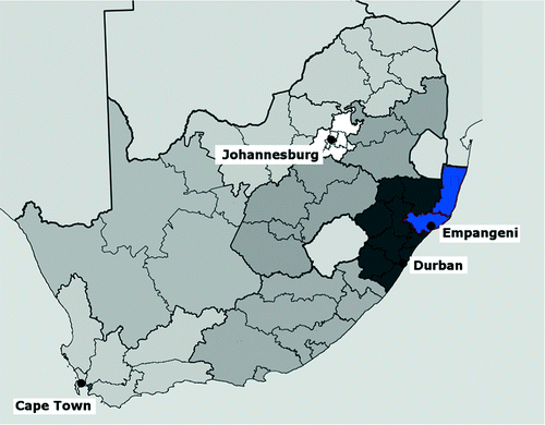 Figure 1: High-incidence snakebite setting in southern Africa. The province of KwaZulu-Natal is shaded in dark grey and abuts on Swaziland and Mozambique in the north. The areas in blue are the Uthungulu (south) and Ukhanyakude (north) administrative districts. These two districts constitute a significant part of the catchment area for Ngwelezane Hospital, situated in the town of Empangeni, are coastal and subtropical in climate, and have a high incidence of snakebite.