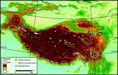 Figure 1. Map of the Tibetan Plateau highlighting modern glaciers (white polygons) and reconstructions of paleoglaciological extents (yellow outlined polygons) mapped in central and eastern regions of the Plateau. The generalized reconstructions represent the minimum extent of maximum glaciation for the Shaluli Shan (SS) presented in Fu, Heyman, Hättestrand, Stroeven, and Harbor (Citation2012), the Tanggula Shan (TS) presented in Morén, Heyman, and Stroeven (Citation2011), and the Bayan Har Shan (BHS) presented in Heyman, Hättestrand, and Stroeven (Citation2008). This study is focused on the Dalijia Shan (DS), which is currently the farthest northeastern study area on the Tibetan Plateau. Modern glacier data are from GLIMS (Citation2010).