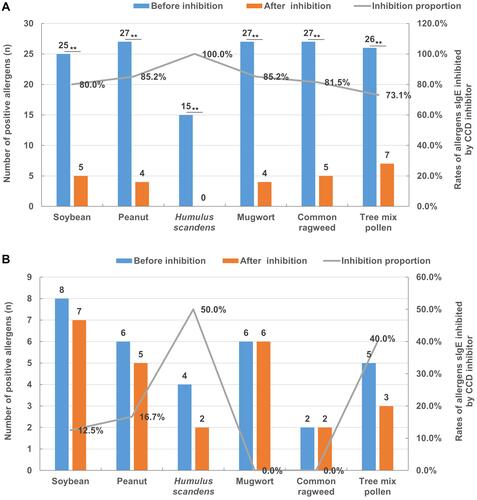 Figure 4 Changes in plant allergens before and after CCD inhibition. (A) CCD-positive patients (n=33), (B) CCD-negative patients (n=17). **P<0.01, the positivity rate before and after inhibition was significantly different.