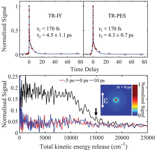 Figure 2. top: TR-IY and TR-PES transients for trans-MC photoexcited at 294 nm (around the 11ππ* origin), and probed with 200 nm. The polarisations of the pump and probe beams were parallel with respect to each other in both TR-IY and TR-PES experiments so that the results were comparable. bottom: TKER spectra obtained following photoexcitation of trans-MC at 294 nm and at a pump–probe delay of Δt = −5, 0 and 10 ps. Inset: PES-VMI at Δt = 0. Black arrow shows the value for TKERmax.