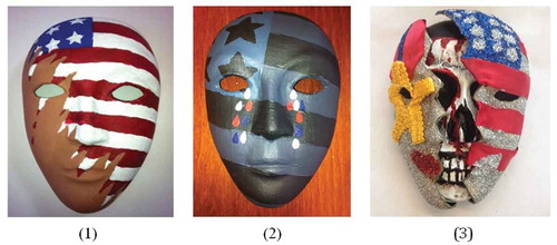 Figure 7. The masks above represent some of the service members’ frustrations and existential reflections with military experiences: (1 and 2) these represent sadness (tears) and the conflict between the suffering experienced and the desire to perform their patriotic duties as represented by shredded and colorless flags; (3) represents an exterior of honor and passion when serving in the military (i.e., a glittering US flag and Bronze Star Medal he earned for heroic actions in combat). The mask opens up to reveal a bloody skull which symbolizes war and the underlying injuries and exposure to death/evil.