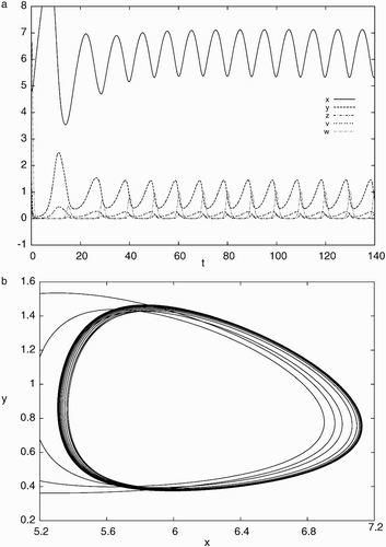 Figure 5. Simulation results of system Equation(21) for d=0.012, a=0.93, c=40, b=p=q=5.6 with the initial condition, x(0)=5.0, y(0)=1.0, z(0)=2.0, v(0)=0.5, w(0)=4.0: (a) time history showing convergence to a stable periodic solution and (b) phase portrait projected on x−y plane indicating a stable limit cycle.