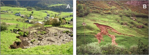 Figure 2. Some examples of rainfall-induced landslides cases in the study area. (A) Shallow landslide triggered on colluviums above slate, and (B) Shallow landslide triggered on old mass movement deposit.