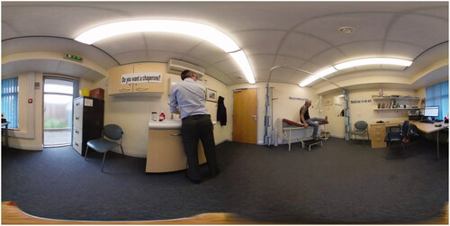 Figure 3. Stitched 360 still of room with GP in centre and patient on the couch. Posters to test knowledge seen above the GP to right and above the patient.