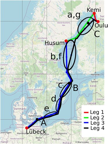 Figure 4. Route overview with open sea passages (small letters) and points for wind statistics (capital letters) (This figure is available in colour online.).