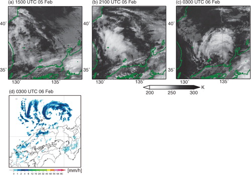 Fig. 5 Case B. Satellite images: (a) 1500 UTC on 5 February (incipient stage), (b) 2100 UTC on 5 February (development stage) and (c) 0300 UTC on 6 February 2008 (development stage). (d) Radar composite image at 0300 UTC on 3 February 2008 (development stage).