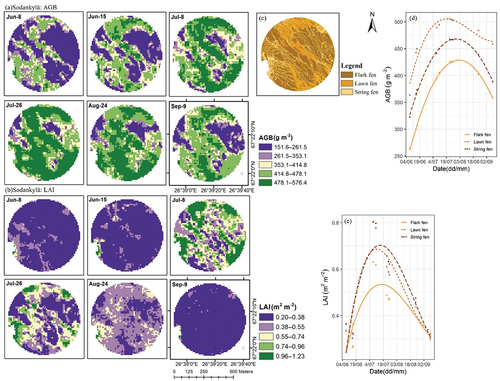 Figure 10. Sentinel-2-based spatiotemporal maps (with 10-m spatial resolution) of (a) aboveground biomass (AGB) and (b) leaf area index (LAI); (c) land cover classification map, which is the same as in Figure 1; and Sentinel-2-based average seasonal line trends of (d) AGB and (e) LAI by VTs (vegetation types), at Sodankylä.