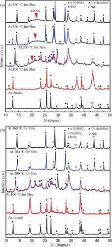 Figure 2. XRD patterns for NiO-MoO3 powders (a) and Ni(OH)2-MoO3 powders before and after immersion at 100, 200, 300, 360 °C for 3 h.