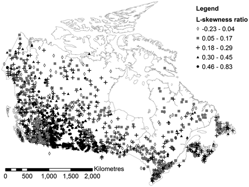 Figure 9. L-skewness ratio plotted at the centroid of each gauged catchment.