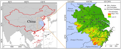 Figure 1. Location of study area in China (left panel), terrain height (right panel, shaded, unit: m), and the distribution of PM2.5 ground monitoring sites (black dots).