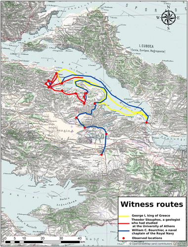 Figure 5. The witness routes geo-referenced on the General-Karte des Königreichs Griechenland, edited in 1885. General-Karte des KönigreichsGriechenland © British Library Board.