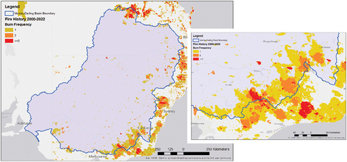 Figure 1. (a) Fire extent and frequency since 2000 in the Basin, and (b) enlarged version focussed on upland forests.