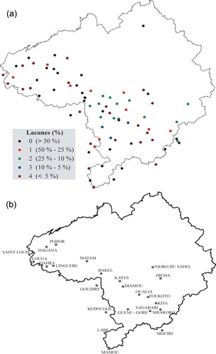 Figura 3. (a) Lacunes dans les séries de données de la période de référence 1950–1998 (lire 0 pour les taux de lacunes supérieurs à 50%, 1 pour les taux de lacunes compris entre 50% et 25%, 2 pour les taux de lacunes compris entre 25% et 10%, 3 pour les taux de lacunes compris entre 10% et 5%, et 4 pour les taux de lacunes inférieurs à 5%). (b) Répartition spatiale des stations retenues pour l’étude.