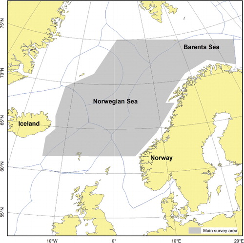Figure 1. Map of the study area for the ICES-coordinated International Ecosystem Survey in the Nordic Seas (IESNS) in May–June.