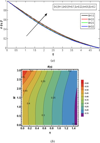 Figure 5. (a) The outcome of the temperature distribution against M. (b) Impression of M on temperature contour plot.