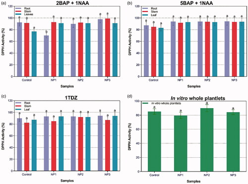 Figure 3. Combined effect of different concentrations of PGRs and NPs-treated plantlets’ samples on DPPH activity in callus cultures in response to (a) 2BAP + 1NAA; (b) 5BAP + 1NAA; (c) 1TDZ; and (d) DPPH activity in response to in-vitro whole plantlets.