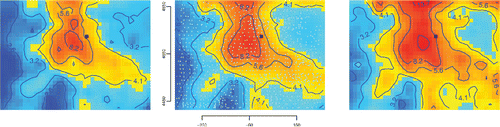 Figure 15. The center panel shows the pointwise average of the four estimates of the spatial distribution of the mass fraction of uranium depicted in Figure 14. The black dot marks the location of the city of Denver, and the small dots mark the locations that were sampled. The geographical coordinates are expressed in kilometers, and the labels of the contour lines are expressed in milligrams per kilograms. The left and right panels show the left and right end-points of approximate 95% probability intervals for θ.