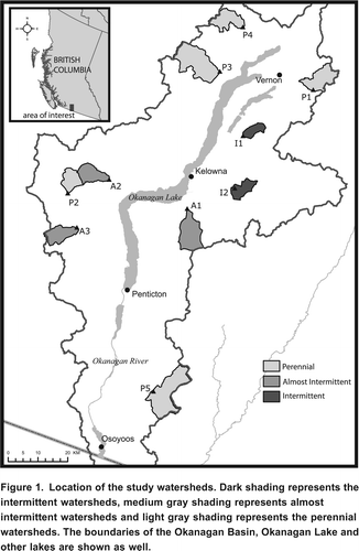 Figure 1. Location of the study watersheds. Dark shading represents the intermittent watersheds, medium gray shading represents almost intermittent watersheds and light gray shading represents the perennial watersheds. The boundaries of the Okanagan Basin, Okanagan Lake and other lakes are shown as well.