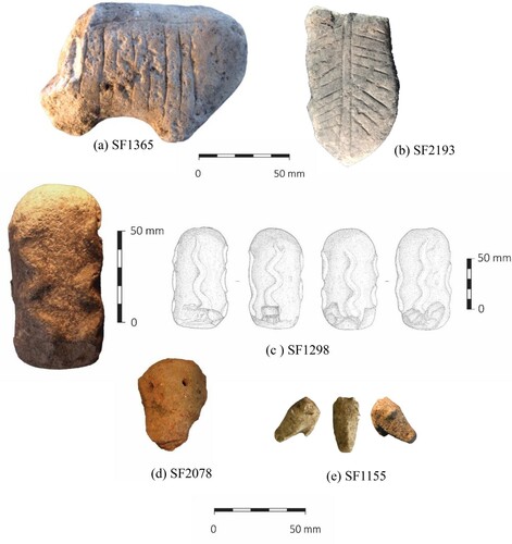 Figure 9 Possible tutelary creatures from WF16, carved in stone (a) SF1155; (b) SF2193; (c) SF1298; (d) SF2078, mud-clay; (e) SF155 (photos: S. Mithen and B. Finlayson).