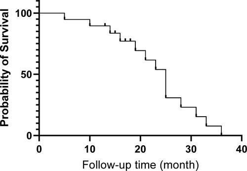 Figure 3. Kaplan-Meier survival curve for nineteen stage I non-small cell lung cancer (NSCLC) patients with idiopathic pulmonary fibrosis (IPF) that received microwave ablation (MWA) treatment.