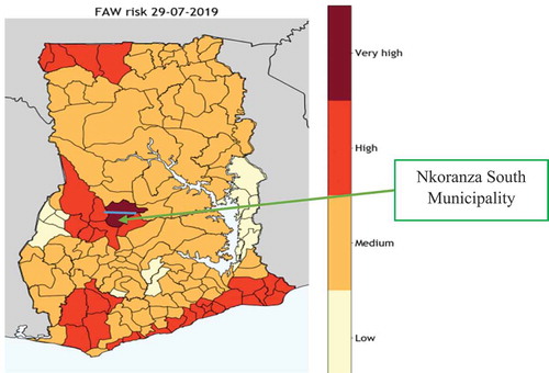 Figure 1. Map of Ghana and tudy area showing the rate of FAW infestation. Source: Adapted from Fugar (2019).