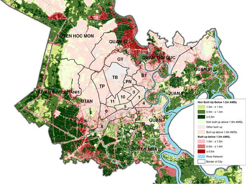Figure 4 HCMC's non-built-up and built-up areas in flood-risk areas (areas below the current high-tide level of 1.5 m AMSL) mapped on land-use planning blocks. Source:Author's own.