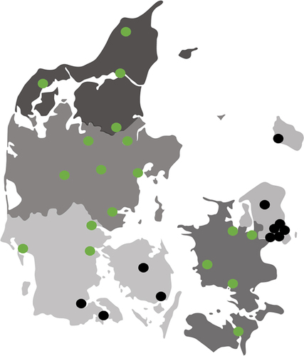 Figure 2 Distribution of Danish heart failure departments included in the validation (green dot = participating; black dot = not participating).