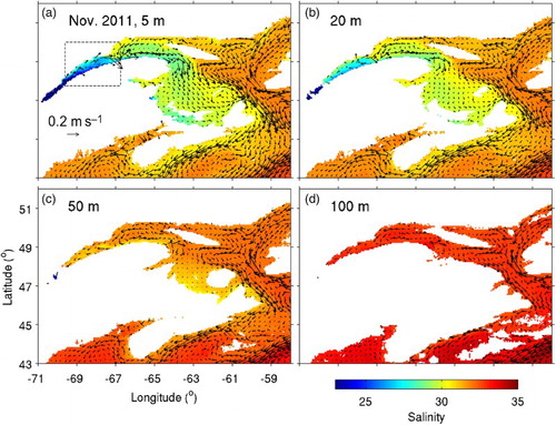 Fig. 2 Monthly-mean fields of salinity and currents for November 2011 calculated from model results at depths of (a) 5, (b) 20, (c) 50, and (d) 100 m in the St. Lawrence Estuary, Gulf of St. Lawrence, and eastern Scotian Shelf. Velocity vectors are shown at every fourth grid point. The dashed lines in (a) outline the area that will be shown in Fig. 3.