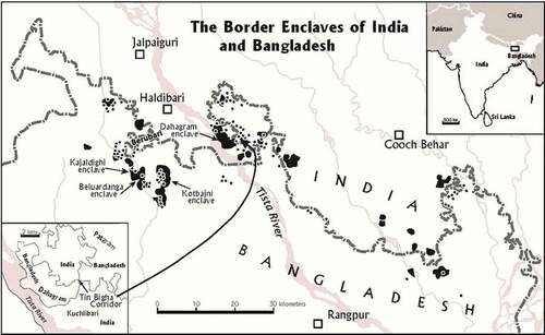 Figure 1. Former border enclaves of Bangladesh and India (source Jones Citation2009b, reproduced with permission).