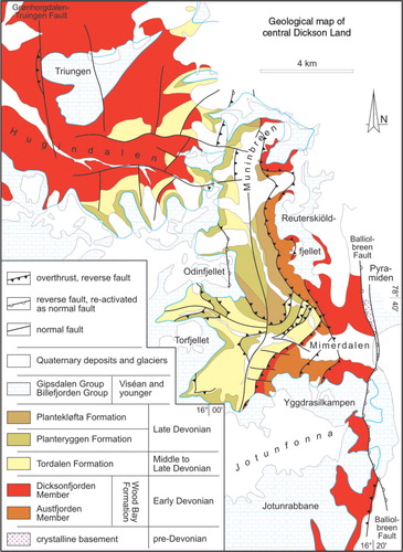 Fig. 3  Geological map of the south-easternmost part of the Andrée Land Basin in central Dickson Land west of Billefjorden, showing the distribution of the Mimerdalen Subgroup and its formations. From Dallmann, Ohta et al. (Citation2004) and Dallmann, Piepjohn et al. (Citation2004) and Dallmann (Citation2009), partly based on Brinkmann (Citation1997), Dißmann (Citation1997), Grewing (Citation1997), Piepjohn, Brinkmann et al. (Citation1997) and Michaelsen (Citation1998). For position see red frame in Fig. 1.