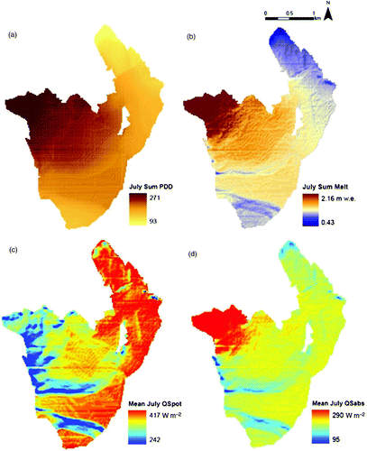 Fig. 8 Modelled (a) positive degree days (°C d), (b) melt (m w.e.), (c) potential direct solar radiation (W m−2), and (d) absorbed solar radiation (W m−2) on Illecillewaet Glacier, July 2009.