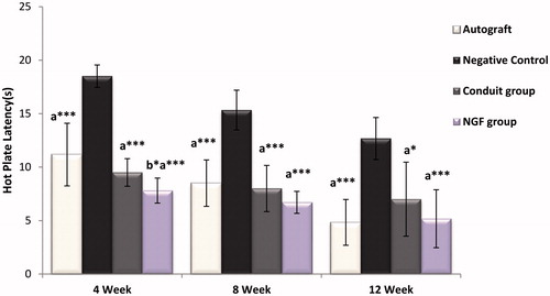 Figure 6. Hot plate jumping response of male rats at 4, 8 and 12 weeks postsurgery. ap < .05 compare with Negative Control group; ap < .001 compare with Negative Control group; bp < .05 compare with autograft Group.