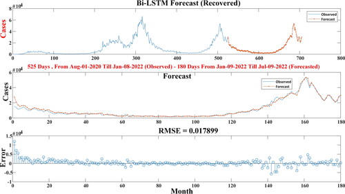 Figure 8. Forecasted result for “Recovered cases” using the Bi-LSTM algorithm for UK the (next 180 days). Note: The high similarity between Observed and Forecasted in the forecast part indicates very good performance.