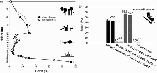 Figure 2. Comparison between locations (n = 36) where Ferruginous Pygmy Owls were recorded as present (n = 24) or absent (n = 12) in Luro Natural Reserve, Argentina. (a) Mean habitat structure at local scale; (b) habitat composition comparison at home-range scale between absence and presence locations.