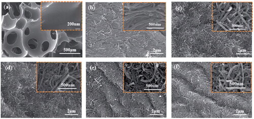 Figure 14. SEM Images of dip-coated CNTs with different loading, (a) uncoated, (b) 2% MWCNTs; (c) 4% CNTs, (d) 6% CNTs, (e) 8% CNTs, (f) 10% CNTs.[Citation209]