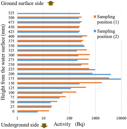 Figure 5. Radioactivity as a function of height with respect to the reference level.