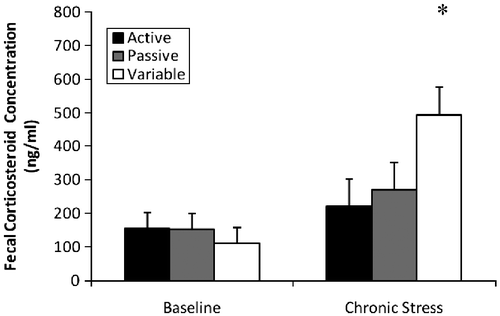 Figure 5  Fecal corticosterone concentrations (mean ± SEM) during baseline and chronic stress. A significant interaction (p = 0.002) revealed no difference in baseline values, yet flexible rats had higher concentrations during chronic stress (*p < 0.001); n = 8 for each group. A significant effect of stress revealed that rats had higher corticosterone concentrations during chronic stress than during baseline (*p < 0.001).