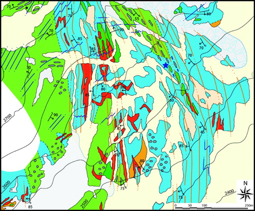 Figure 4. Detail of the map (southern sector of Berger de la Sassa subarea) showing hectometer-scale deformation partitioning: poorly deformed domains preserving the magmatic structures are wrapped by S1 or S2 foliated domains. Legend as in the ‘Structural and petrographic map of the Sassa gabbro complex’.