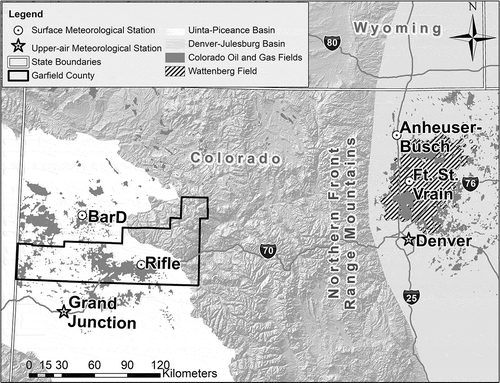 Figure 1. The major oil-and-gas-producing regions of Colorado and the locations of meteorological stations used for dispersion and exposure assessment. Interstate highways are also indicated.