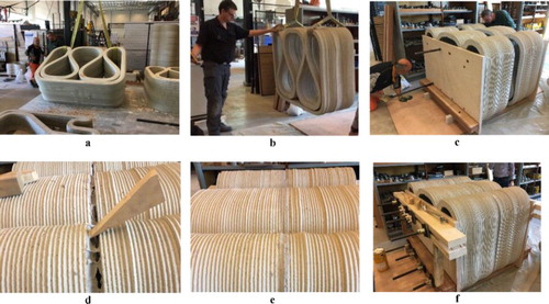 Figure 16. (a–f) Assembly study, showing the sequential process from lifting of an element to final prestressing.