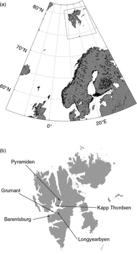 Fig. 1  (a) The Svalbard Archipelago (box) and (b) locations in Svalbard referred to in the text.