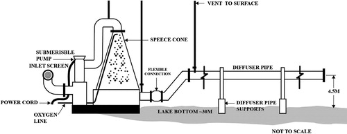 Figure 1. Sketch of the Speece cone and ancillary devices installed at Camanche Reservoir (from Brown and Caldwell Citation1995).