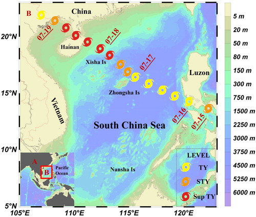 Fig. 1. The depth of the South China Sea and the best track of super typhoon Rammasun in 2014.