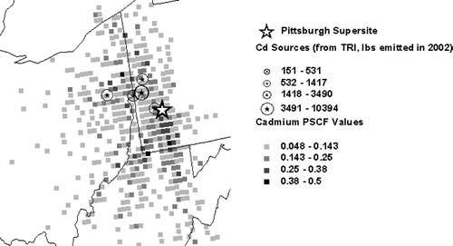 FIG. 6 PSCF results for the PMF-modeled cadmium source contributions. The top 25% of source contributions were used for m Δ θ and the top 10% were used for m ij .