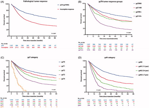 Figure 2. Kaplan–Meier’s curves of overall survival according to (A) pathological tumor response, (B) ypTN tumor response groups, (C) ypT category, and (D) ypN category.