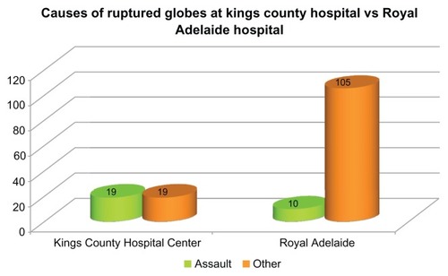 Figure 1 Using data from Casson et al,Citation3 we compared data on the causes of ruptured globes from Kings County, a major urban hospital, to data from the Royal Adelaide Hospital, a hospital in Australia that covers both urban and rural areas.