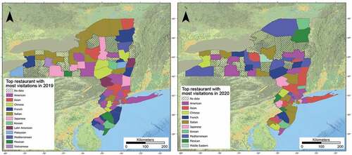 Figure 7. Top restaurants favored by each county in 2019 and 2020.